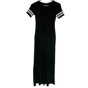 Emberley knit black maxi dress with white striped short sleeves, sz XS